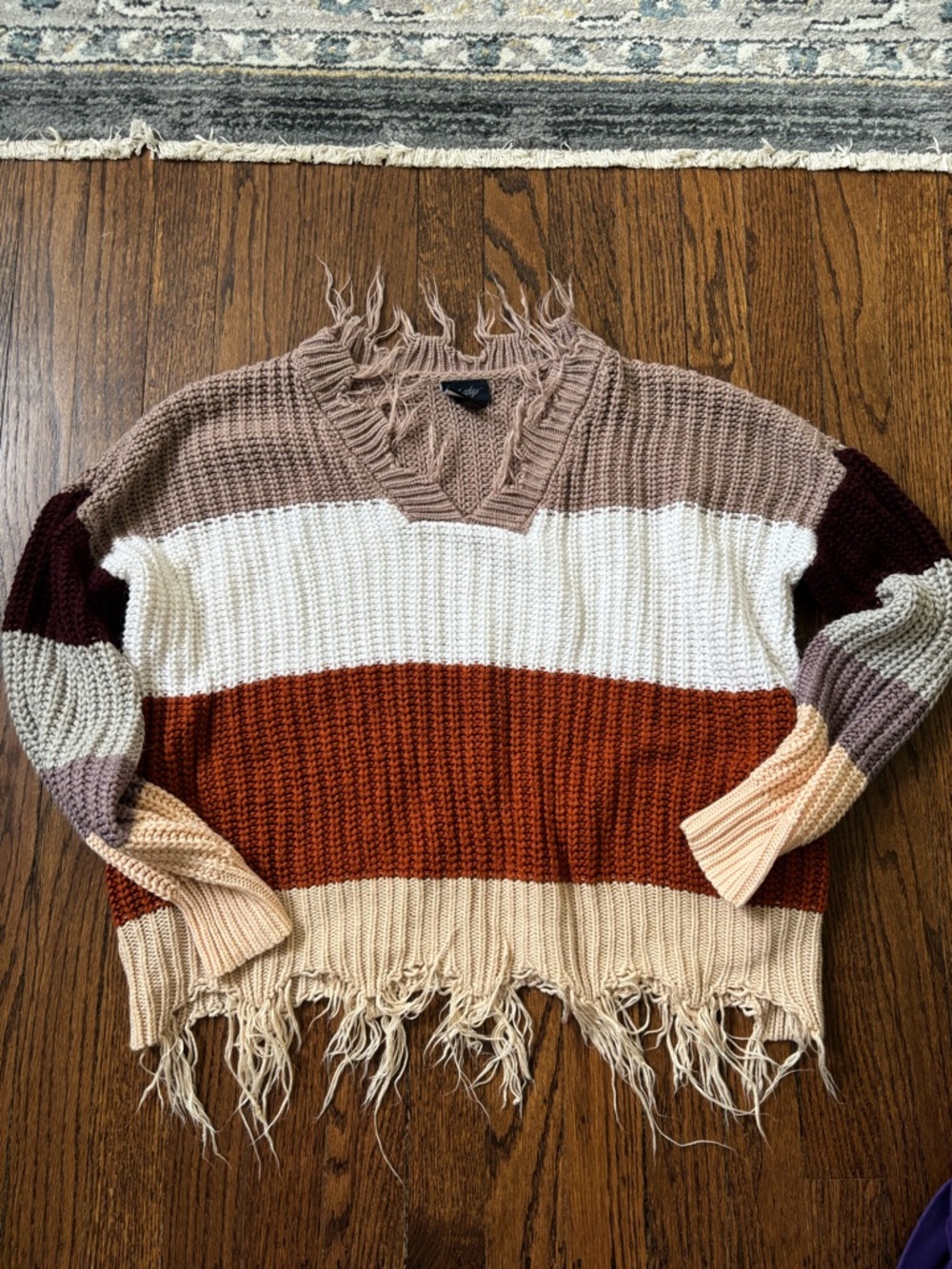 Daytrip V‑Neck Striped Fringe Sweater in Rust, Cream & Taupe